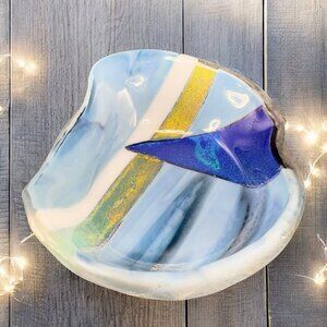 Hand Made Fused Glass Iridescent Dish Bowl Freeform Glassware Decor Vintage Bowl